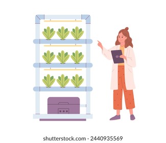 Hydroponics technology for plants growing. Vertical farming. Scientist or biologist grows plants in hydroponic farm. Smart farm. Vector illustration in flat style