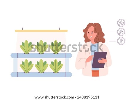 Hydroponics technology for plants growing. Vertical farming. Scientist or biologist grows plants in hydroponic farm. Smart farm. Vector illustration in flat style