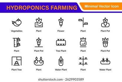 Hydroponics and Vertical Farming Icon Pack – Minimalist Line Vector Illustrations for Eco-Friendly Agriculture, Sustainable Farming, and Indoor Growing Solutions