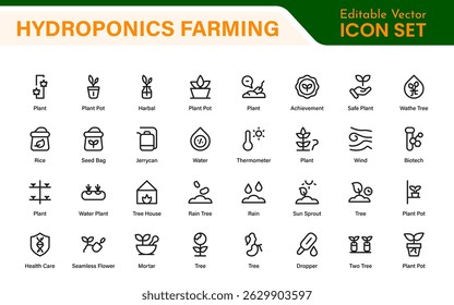 Hydroponics and Vertical Farming Icon Pack – Minimalist Line Vector Illustrations for Eco-Friendly Agriculture, Sustainable Farming, and Indoor Growing Solutions