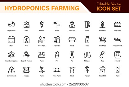 Hydroponics and Vertical Farming Icon Pack – Minimalist Line Vector Illustrations for Eco-Friendly Agriculture, Sustainable Farming, and Indoor Growing Solutions