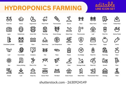 Hydroponics and Vertical Farming Icon Pack – Minimalist Line Vector Illustrations for Eco-Friendly Agriculture, Sustainable Farming, and Indoor Growing Solutions