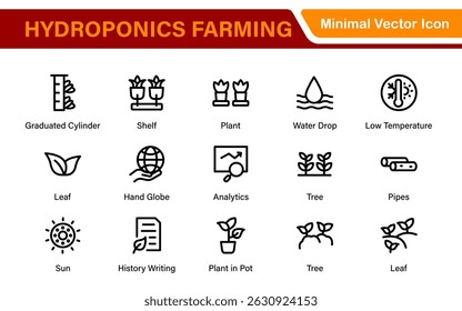 Hydroponics and Vertical Farming Icon Pack – Ilustraciones vectoriales de línea minimalistas para agricultura ecológica, agricultura sostenible y soluciones de cultivo en interiores