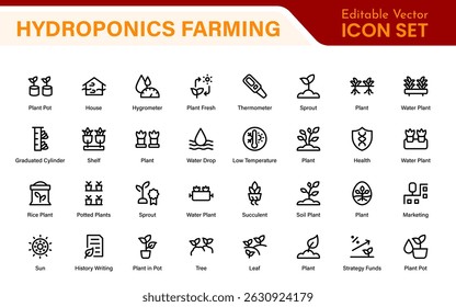 Hydroponics and Vertical Farming Icon Pack – Minimalist Line Vector Illustrations for Eco-Friendly Agriculture, Sustainable Farming, and Indoor Growing Solutions
