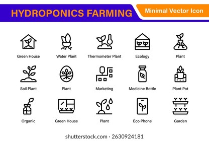 Hydroponics and Vertical Farming Icon Pack – Minimalist Line Vector Illustrations for Eco-Friendly Agriculture, Sustainable Farming, and Indoor Growing Solutions