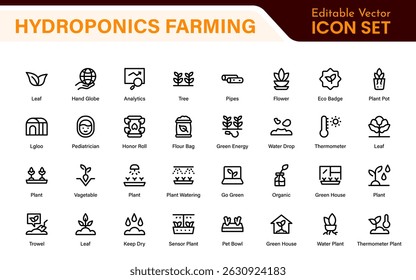Hydroponics and Vertical Farming Icon Pack – Minimalist Line Vector Illustrations for Eco-Friendly Agriculture, Sustainable Farming, and Indoor Growing Solutions