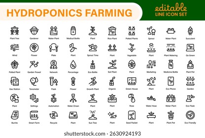 Hydroponics and Vertical Farming Icon Pack – Ilustraciones vectoriales de línea minimalistas para agricultura ecológica, agricultura sostenible y soluciones de cultivo en interiores