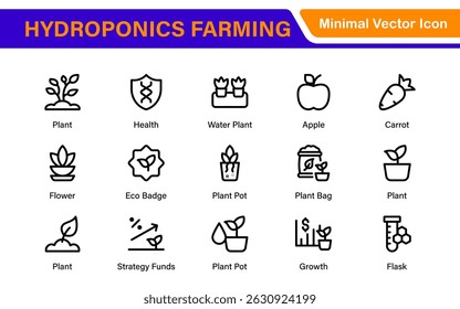 Hydroponics and Vertical Farming Icon Pack – Minimalist Line Vector Illustrations for Eco-Friendly Agriculture, Sustainable Farming, and Indoor Growing Solutions