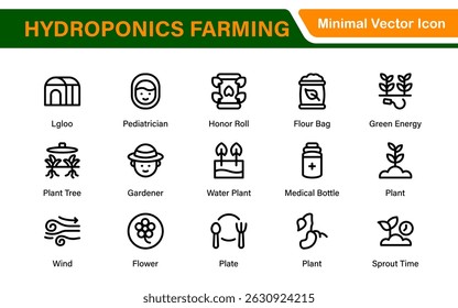 Hydroponics and Vertical Farming Icon Pack – Minimalist Line Vector Illustrations for Eco-Friendly Agriculture, Sustainable Farming, and Indoor Growing Solutions