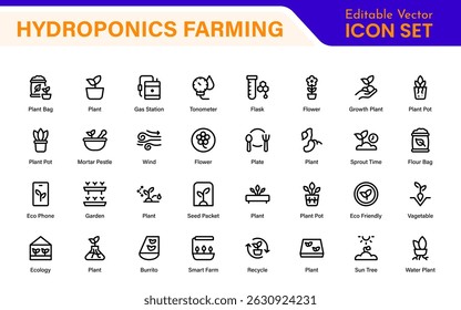 Hydroponics and Vertical Farming Icon Pack – Minimalist Line Vector Illustrations for Eco-Friendly Agriculture, Sustainable Farming, and Indoor Growing Solutions