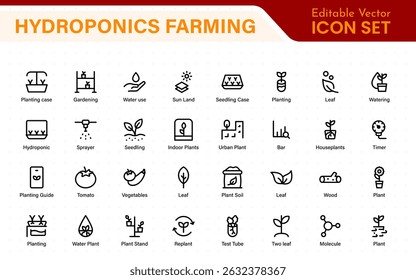 Hydroponics and Vertical Farming Icon Pack – Minimalist Line Vector Illustrations for Eco-Friendly Agriculture, Sustainable Farming, and Indoor Growing Solutions