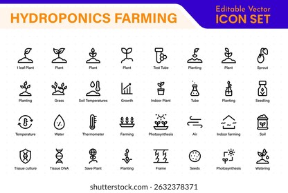 Hydroponics and Vertical Farming Icon Pack – Minimalist Line Vector Illustrations for Eco-Friendly Agriculture, Sustainable Farming, and Indoor Growing Solutions
