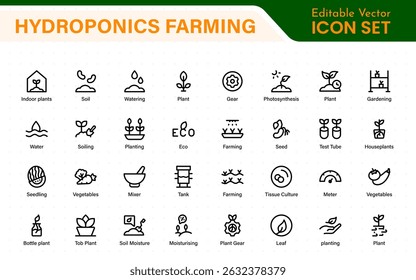 Hydroponics and Vertical Farming Icon Pack – Minimalist Line Vector Illustrations for Eco-Friendly Agriculture, Sustainable Farming, and Indoor Growing Solutions