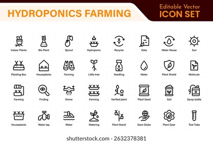 Hydroponics and Vertical Farming Icon Pack – Minimalist Line Vector Illustrations for Eco-Friendly Agriculture, Sustainable Farming, and Indoor Growing Solutions