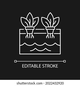 Hydroponics white linear icon for dark theme. Grow plants without soil. Use nutrients for plants. Thin line customizable illustration. Isolated vector contour symbol for night mode. Editable stroke