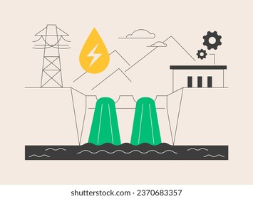 Hydropower abstract concept vector illustration. Hydropower electricity, water power, renewable sources, falling fast-running, hydroelectric plant, dam turbine generate, river abstract metaphor.