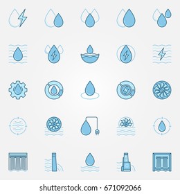 Hydropower blue icons set - vector water energy and hydro-electric creative colorful symbols or logo elements