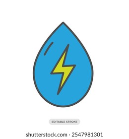 Hydropower color icon, water drop with thunderbolt lightning icon, electric vehicle, environment, nature symbol on white background - vector illustration