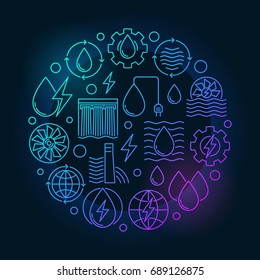 Hydropower colorful circular illustration made with electricity and energy outline concept icons on dark background