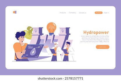 Hydropower concept. Engineers monitor a dam's function, demonstrating renewable energy production. Clean power generation and technology teamwork. Vector illustration.