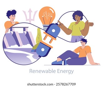 Hydropower concept. Illustration of people engaging with elements symbolizing renewable energy and water power. Sustainable electricity generation. Vector illustration.