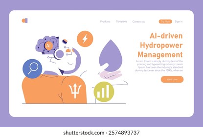 Hydropower concept. Optimizing renewable energy production with AI technology. Smart water drop, energy symbol, and analytics chart. Vector illustration.