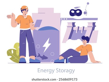 Hydropower concept. Renewable energy generation and storage illustrated with a worker and a relaxed person. Sustainable electricity production. Vector illustration.