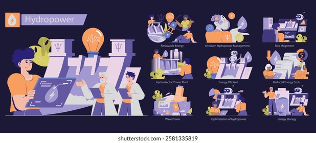 Hydropower concept set. Renewable energy generation and efficient management. Hydroelectric power, AI control, risk and cost reduction. Vector illustration.