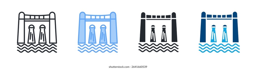 Hydropower Dam Icon Set Multiple Style. Design In Outline, Blue, Glyph, Dualtone