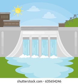 Hydropower dam illustration. Sun with water. Reneable energy