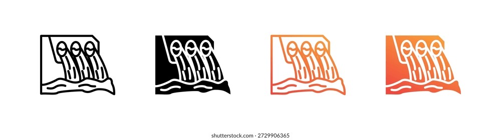 Hydropower Dam Multiple Style Icon Set Vector