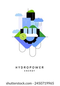 Hydropower energy. Modern city and renewable energy sources. Industrial landscape. Simple flat illustration. Poster, card. Vector file.