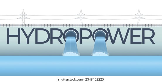 Hydropower flat text banner with hydro station dam and water flows vector illustration