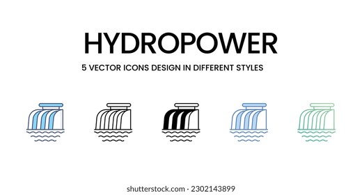 Hydropower Icon Design in Five style with Editable Stroke. Line, Solid, Flat Line, Duo Tone Color, and Color Gradient Line. Suitable for Web Page, Mobile App, UI, UX and GUI design.
