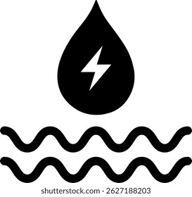 Icono de energía hidroeléctrica aislado sobre fondo blanco. Icono de energía hidroeléctrica con rayos y ondas de agua. Símbolo de energía de agua ecológica