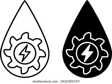 Wasserkraft-Symbole. Schwarz-Weiß-Vektor-Icons des Wasserrads und der Wassertropfen. Ökologie- und Umweltschutzkonzept
