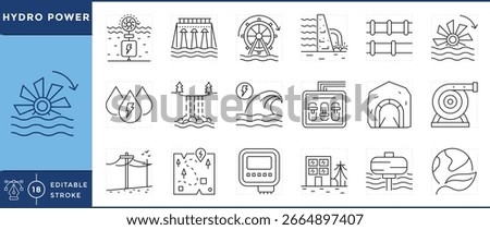 Hydropower icons set. Hydroelectric dam, water turbine, flowing river, reservoir, penstock pipe, blades, control panel, river, and many more. Vector editable stroke.