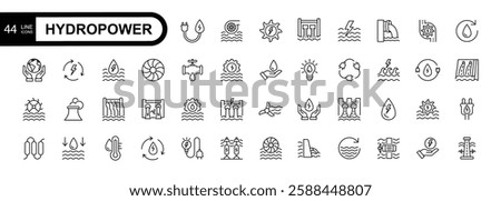 Hydropower line editable stroke icons related to  hydro, station, dam, water, energy, waterfall, electricity, turbine. Vector illustration.