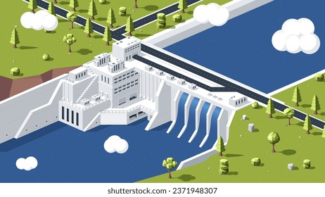 Hydropower Low-Poly-Modell. Nachhaltiger Lebensstil und Energieträger. Naturpflege, Ökologie und Umwelt. Natürliche Landschaft und Panorama. Cartoon isometrische Vektorgrafik