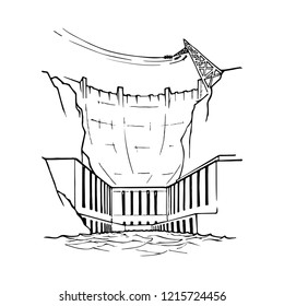 Hydropower plant as an example of relatively clean but environmentally damaging way of generating electricity. Sketch style drawing isolated on a white background. EPS10 vector illustration