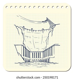 Hydropower plant as an example of relatively clean but environmentally damaging way of generating electricity EPS8 vector illustration in a sketchy style imitating scribbling in the notebook or diary.