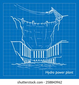 Hydropower plant as an example of relatively clean but environmentally damaging way of generating electricity. EPS10 vector illustration imitating blueprint style scribbling with white marker.