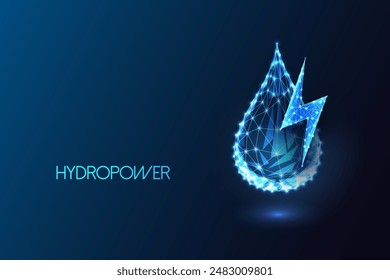 Hydropower potential as sustainable energy source futuristic concept. Water drop and lightning symbols on dark blue background. Glowing low polygonal style. Modern abstract design vector illustration