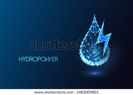 Hydropower potential as sustainable energy source futuristic concept. Water drop and lightning symbols on dark blue background. Glowing low polygonal style. Modern abstract design vector illustration