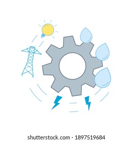 La energía hidráulica es una energía renovable que utiliza el agua que cae para generar electricidad. Trazo editable. Estilo de diseño plano de la ilustración del vector.