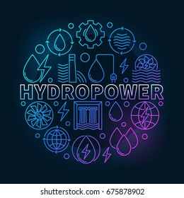 Hydropower round colorful illustration - vector water power creative symbol in thin line style on dark background