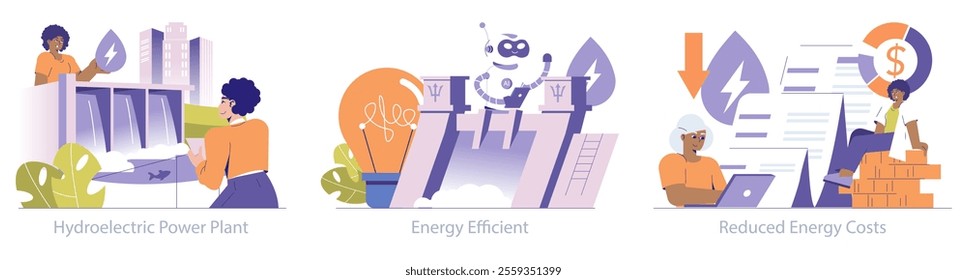 Hydropower set. Sustainable energy generation, technological efficiency, and cost-saving strategies. Urban renewable power sources, AI advancements, economic benefits. Vector illustration.