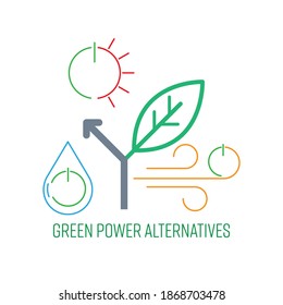 Hydropower, solar power and wind power are the alternatives to green power. Editable stroke. Vector illustration outline flat design style.