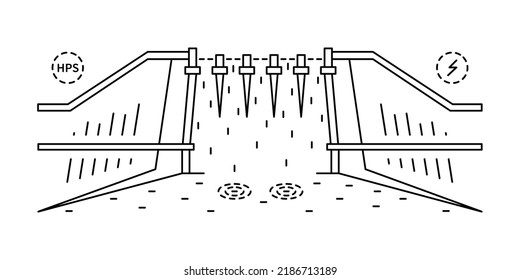 Hydropower Station. Green Energy. Line Art Concept.