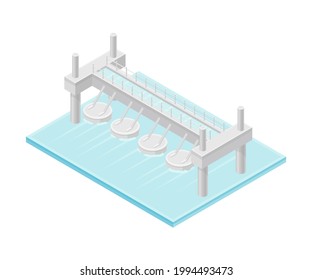 Hydropower or Water Power Station as Ecological Resource of Electric Power Isometric Vector Illustration